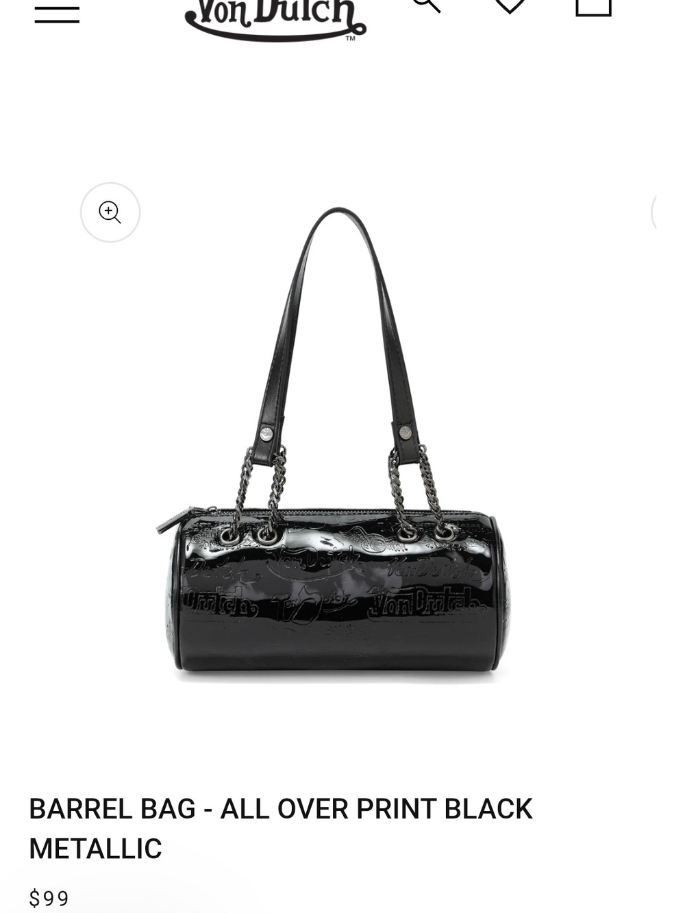 Von Dutch Black Metallic Barrel Shoulder Bag with Chain Accents